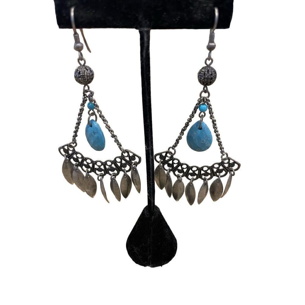 Earrings pierced chandelier style with turquoise bead, and silver metal 4”